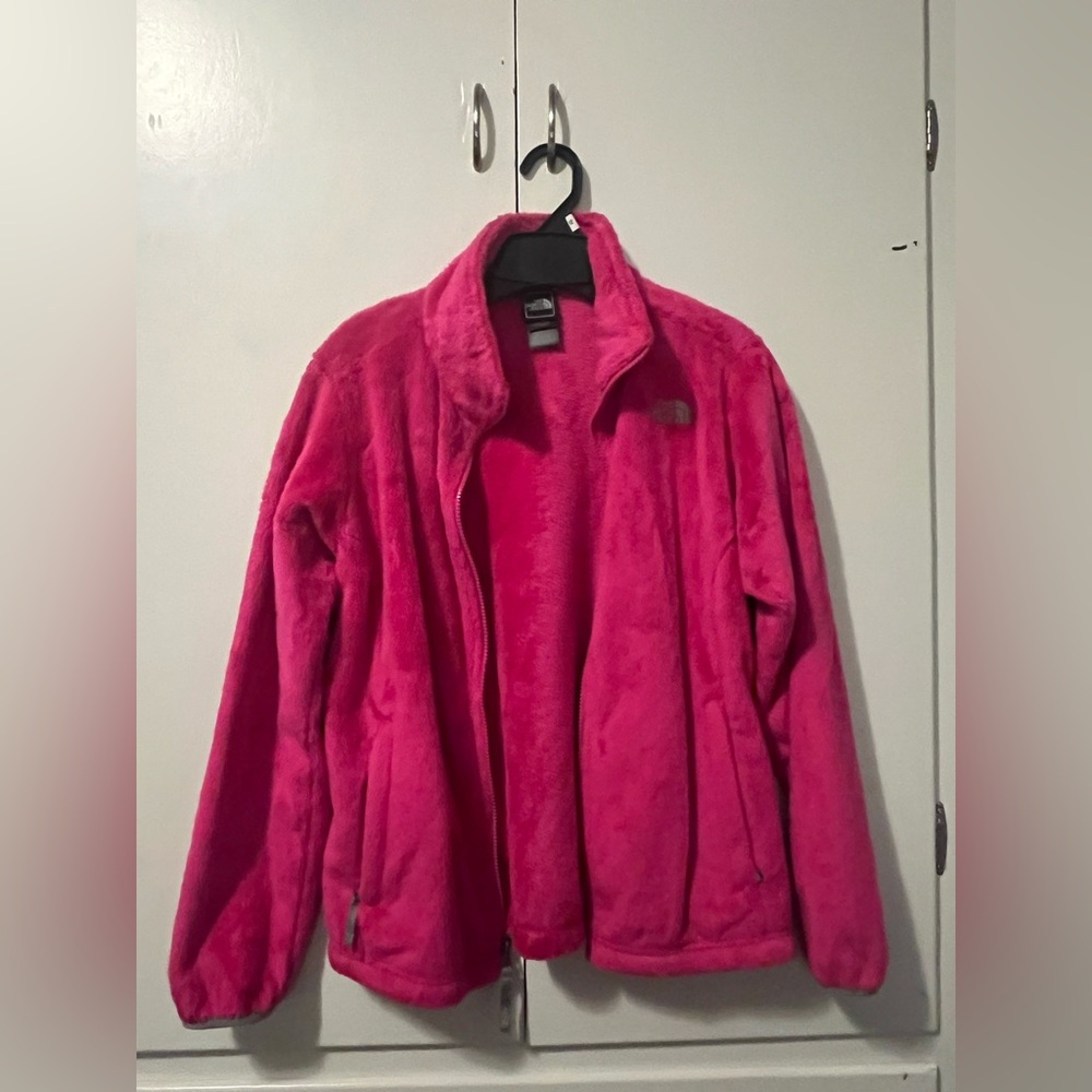 Hoy pink fuzzy North Face jacket